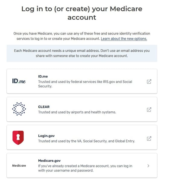 screenshot of login page on medicare.gov